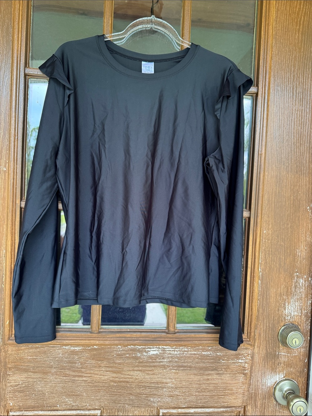 Black Long Sleeve Ruffle Shoulder Swim Top